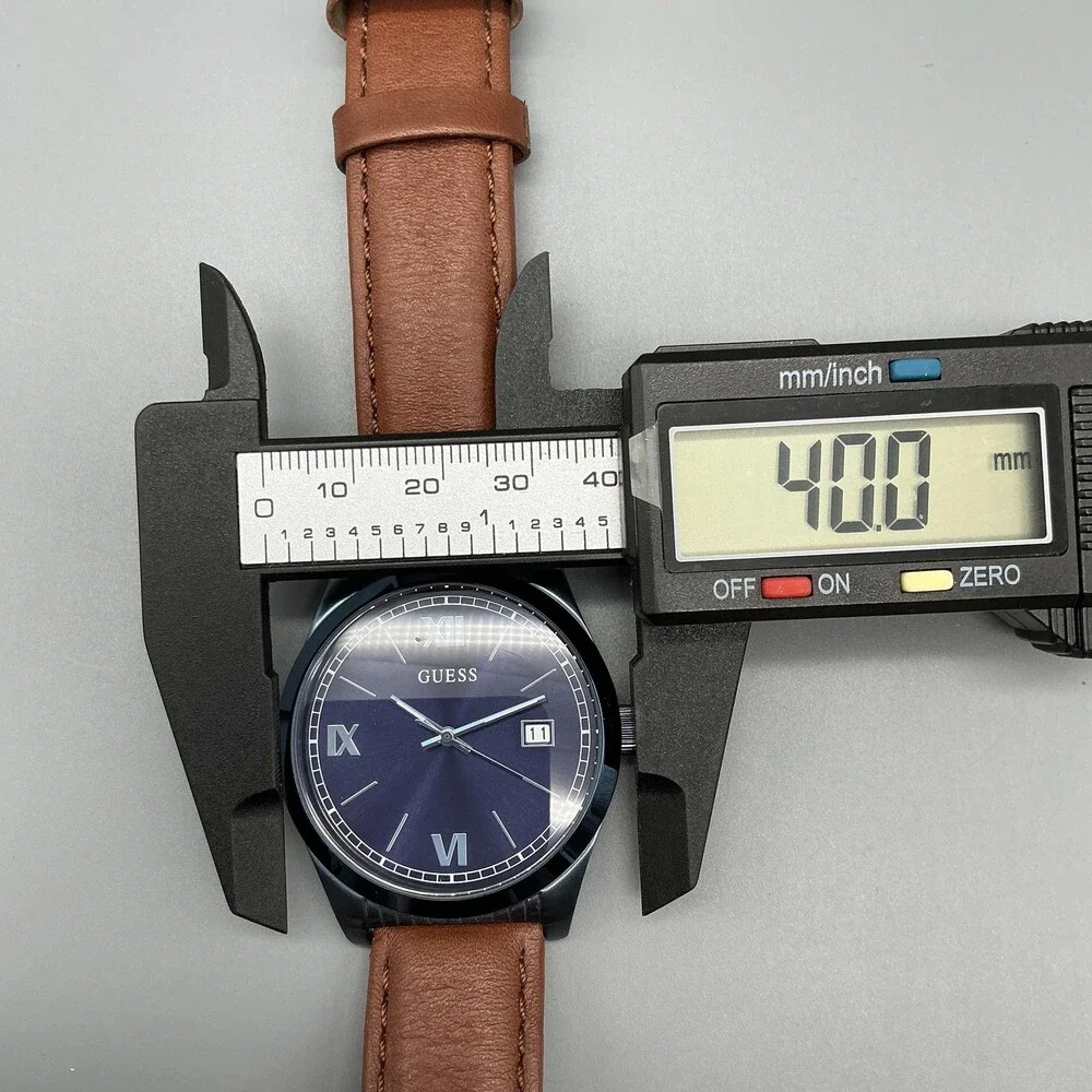 Guess Steel U0874G4 Mens Watch 40mm Blue Dial Brown Leather Date New Battery